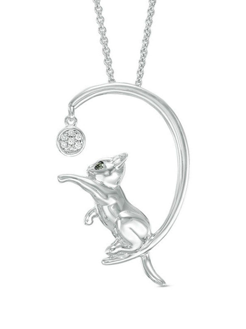 Zales Black and White Diamond Cat with Ball Pendant in Sterling Silver Necklace